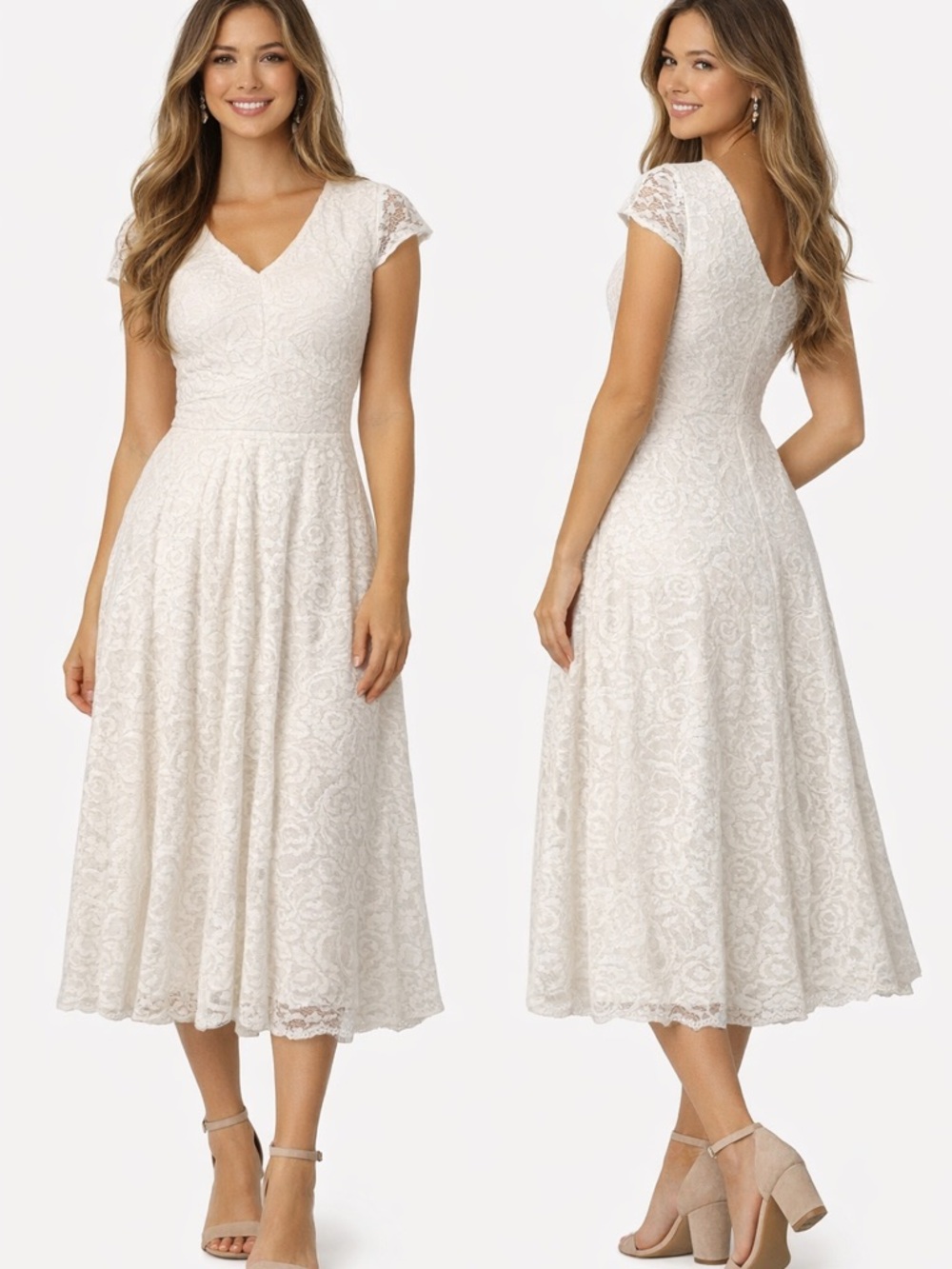 Zapaka White Lace Graduation Dress Midi Cap Sleeve Bridal Fit Flare Medium